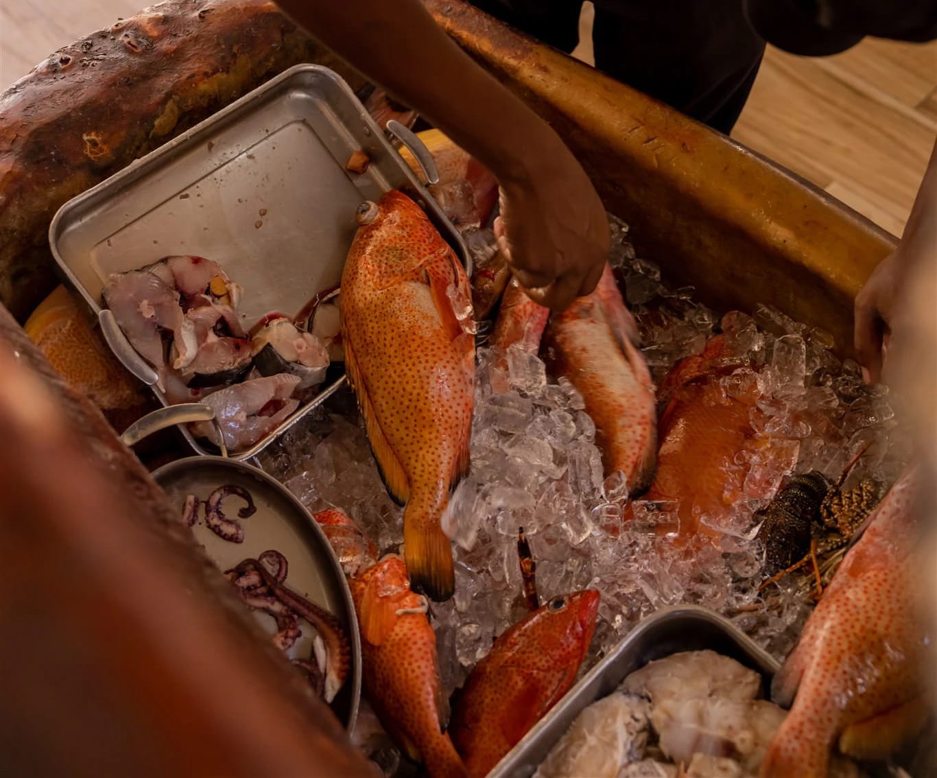 Two chefs preparing fresh crab and lobster on a prep table