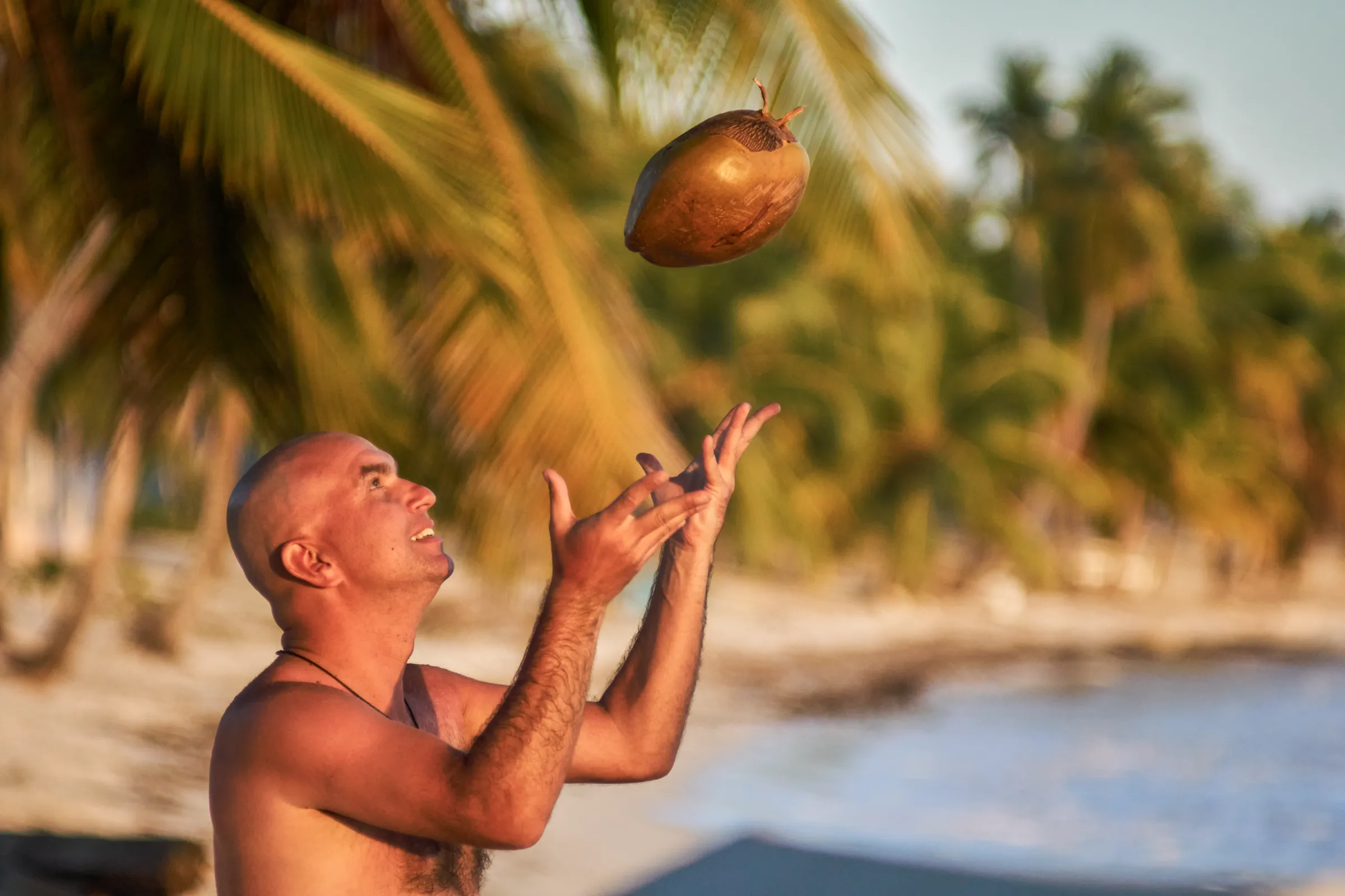 Play and Light on Santo Domingo Beach Man on Santo Domingo beach tosses coconut skyward while smiling, palm trees and sea in background, warm golden morning light, family photography session